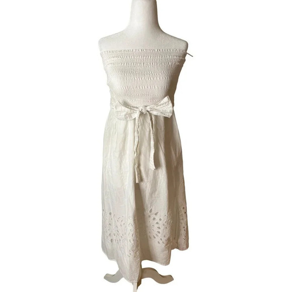 Thakoon Collective Eyelet Tie Waist Dress in White 4 Womens Strapless Cotton Mid - Picture 5 of 11
